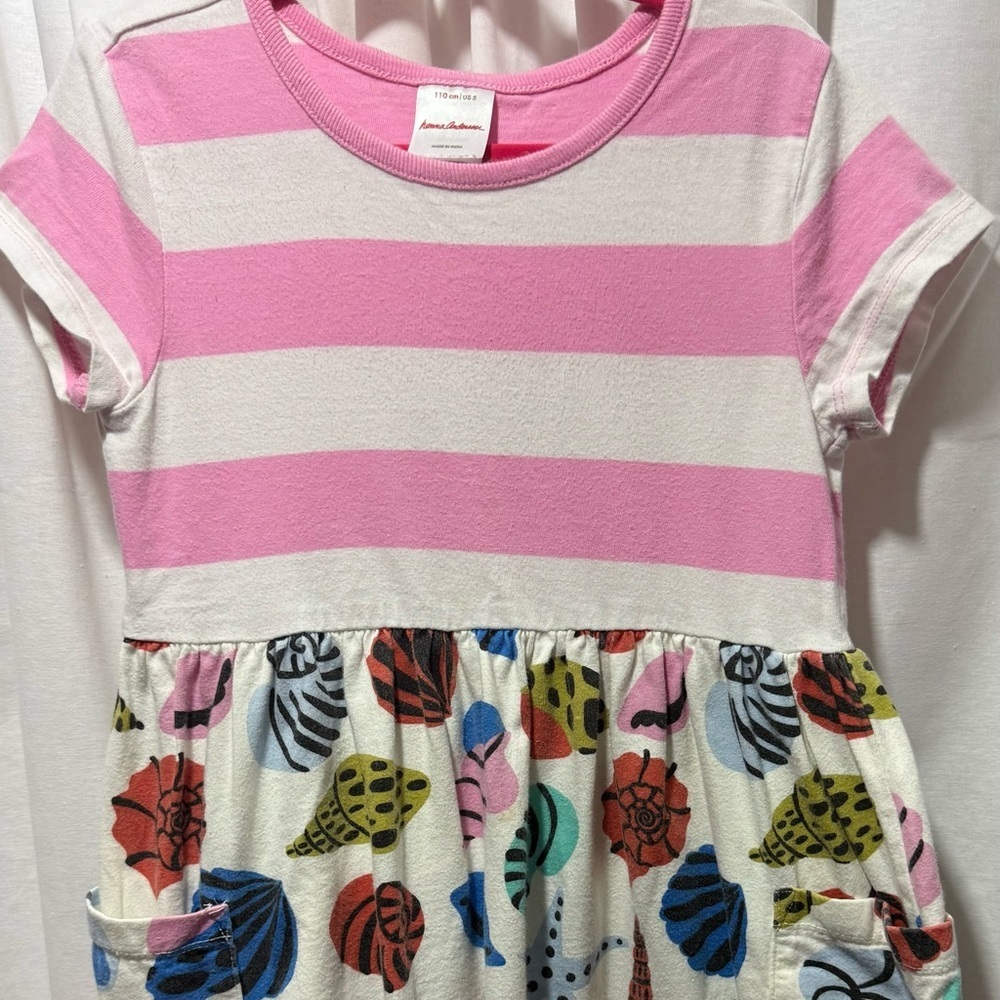 Hanna Andersson Pink & White Striped Short Sleeve Dress with Seashell Print